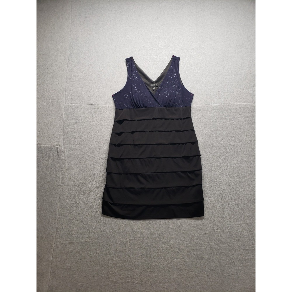 En Focus Studio Women Dress 16 Navy Blue Black Sequined V Neck Stretch Cocktail
